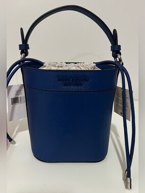 kate spade Blue Leather Bucket Crossbody Bag with Cream Drawstring